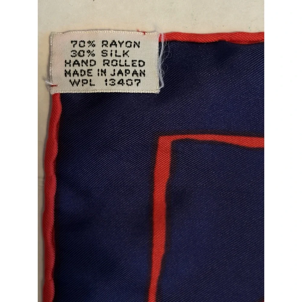 Vintage Silk Rayon Scarf Red Navy Blue Mod Floral Hand Rolled Japan 29